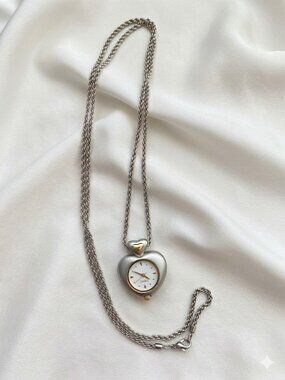 Vintage Caravelle by Bulova Heart Pendant Watch Necklace | Silver & Gold Tone |
